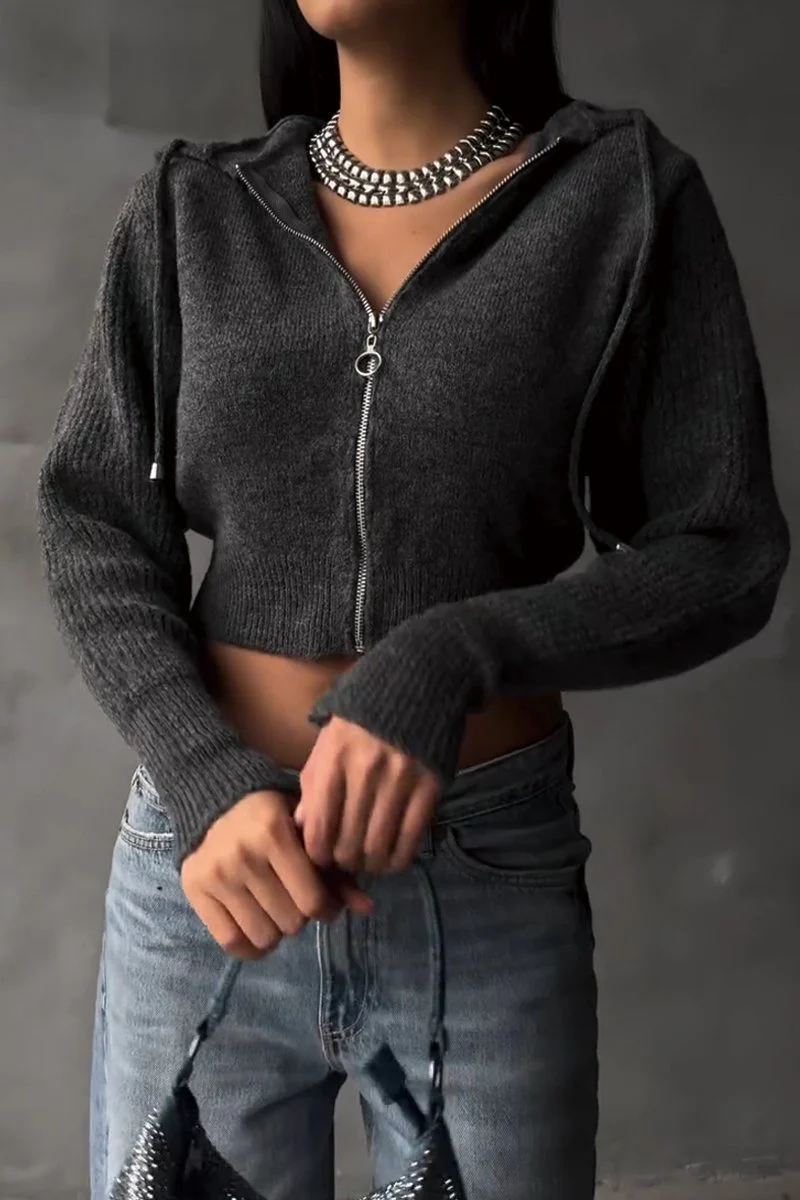 Women's solid color knitted zipper cardigan