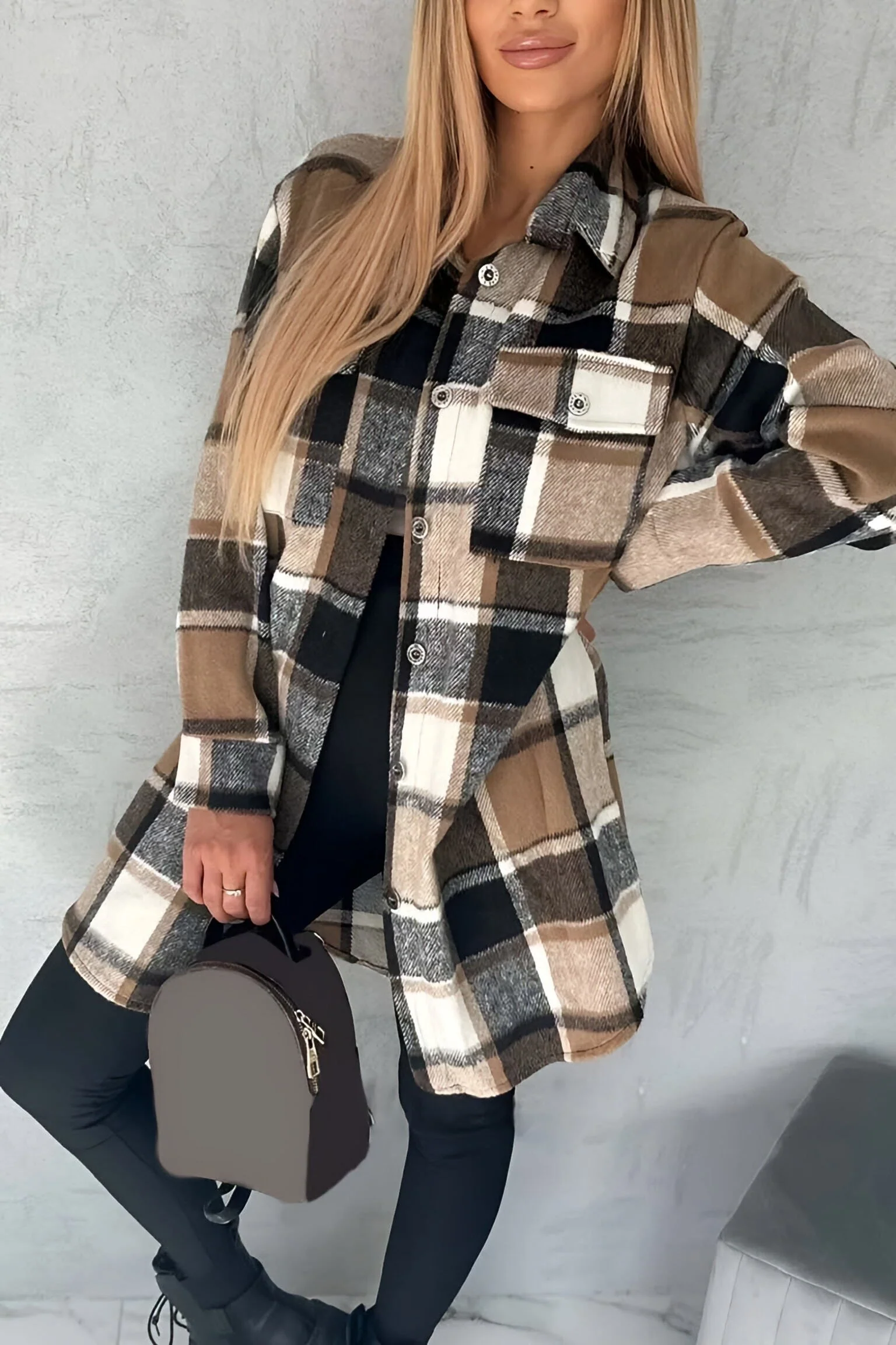 Women's casual loose plaid mid-length coat